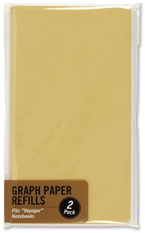 light brown paper pack in a a clear pocket. text reads "graph paper refills, 2 pack, fits voyager notebooks" on a brown rectangular sticker